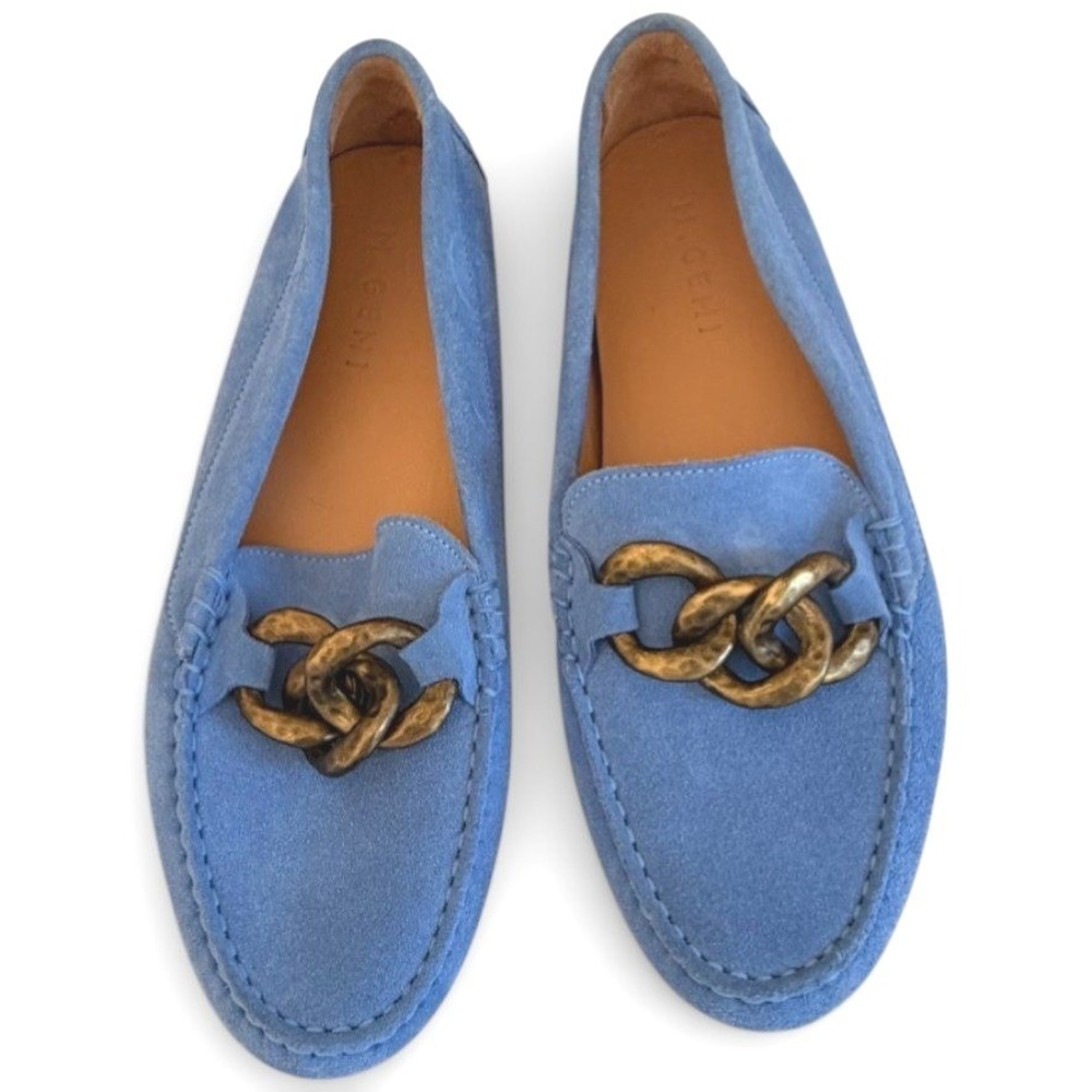 M.Gemi Light‎ Blue Suede Driving Loafers Brass Chain Link Made in Italy Size 40